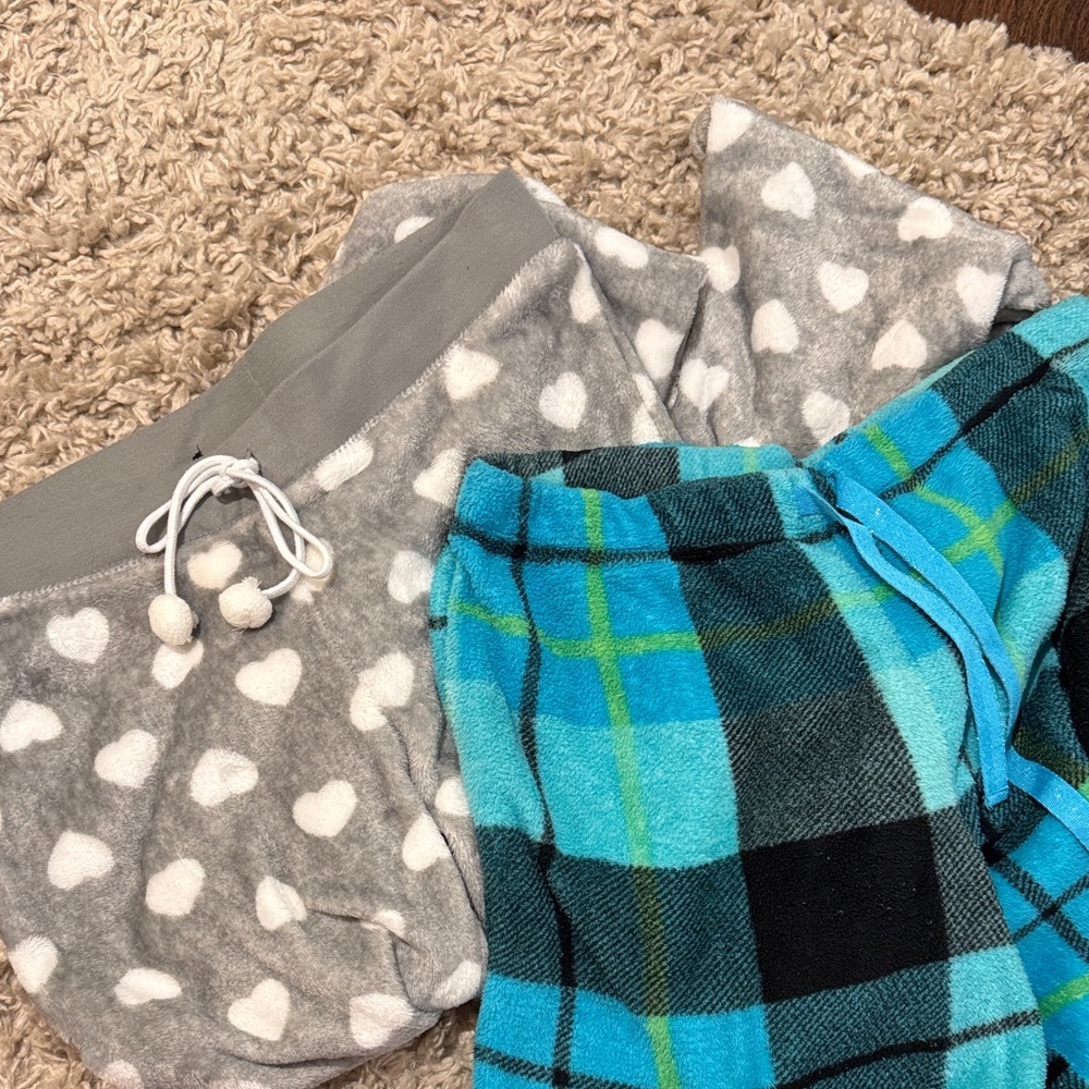 Cozy Gray Heart Pajama Pants and Blue Plaid Pajama Pants (2 pairs in total)